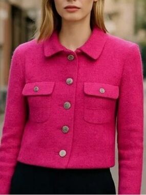 Rachel Zoe Hot Pink Tweed Jacket with Gold Buttons